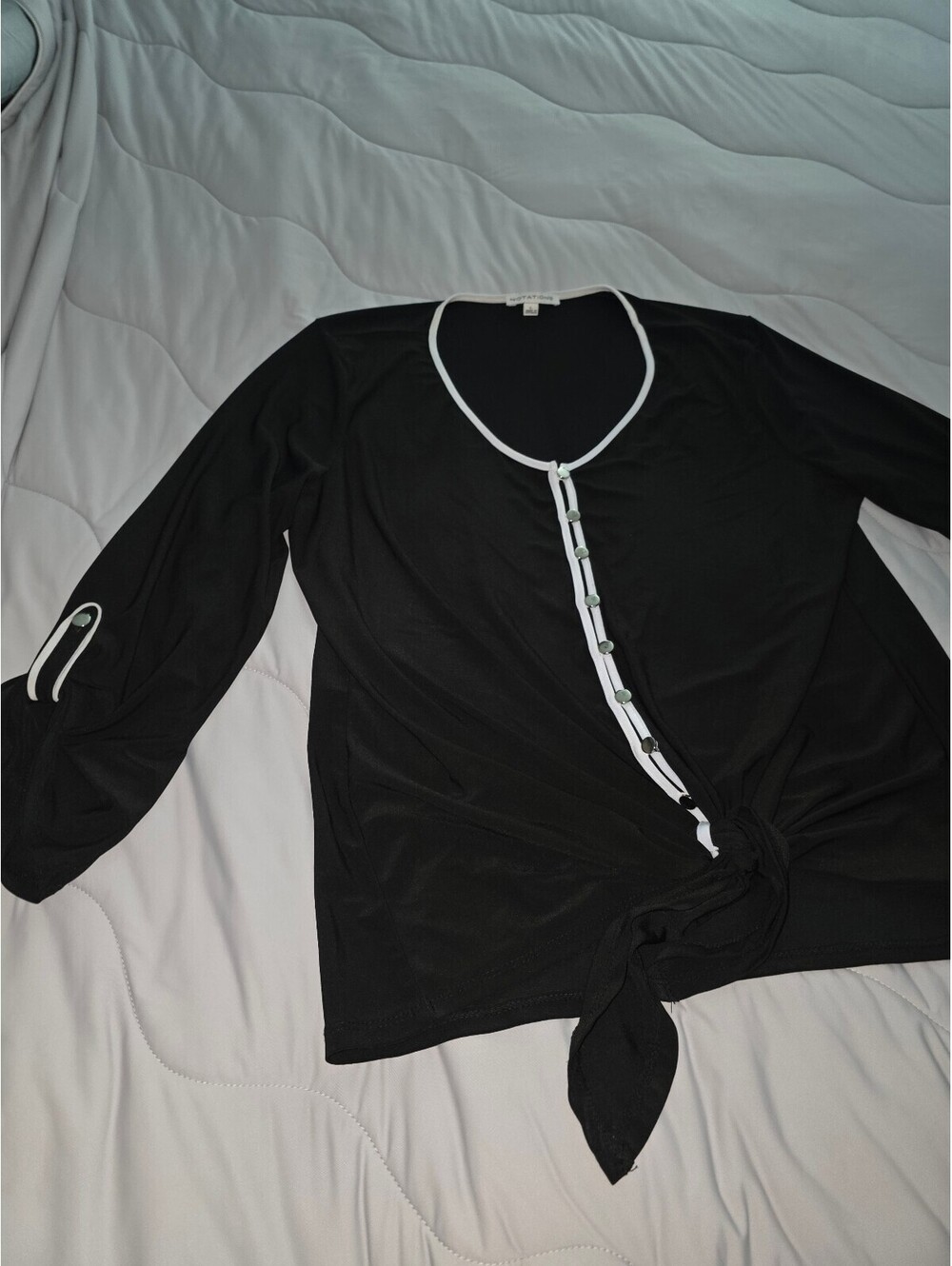 Notations Women's Blouse L - Button Up Front With tie Knot At Bottom - Black
